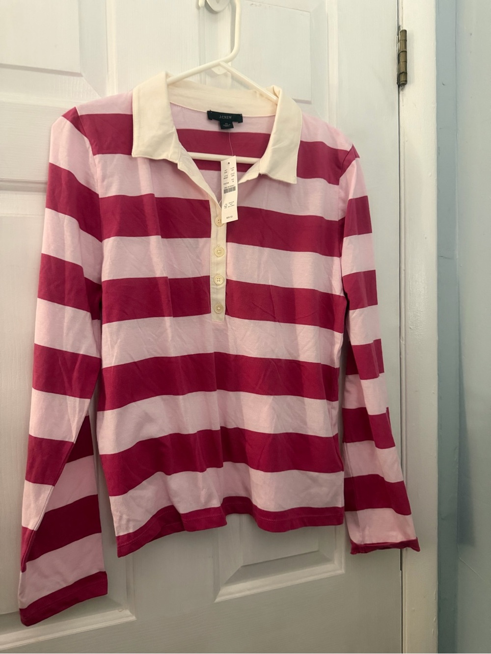 NWT J.Crew Pink Striped Cotton Rugby Polo Shirt Women’s Medium
